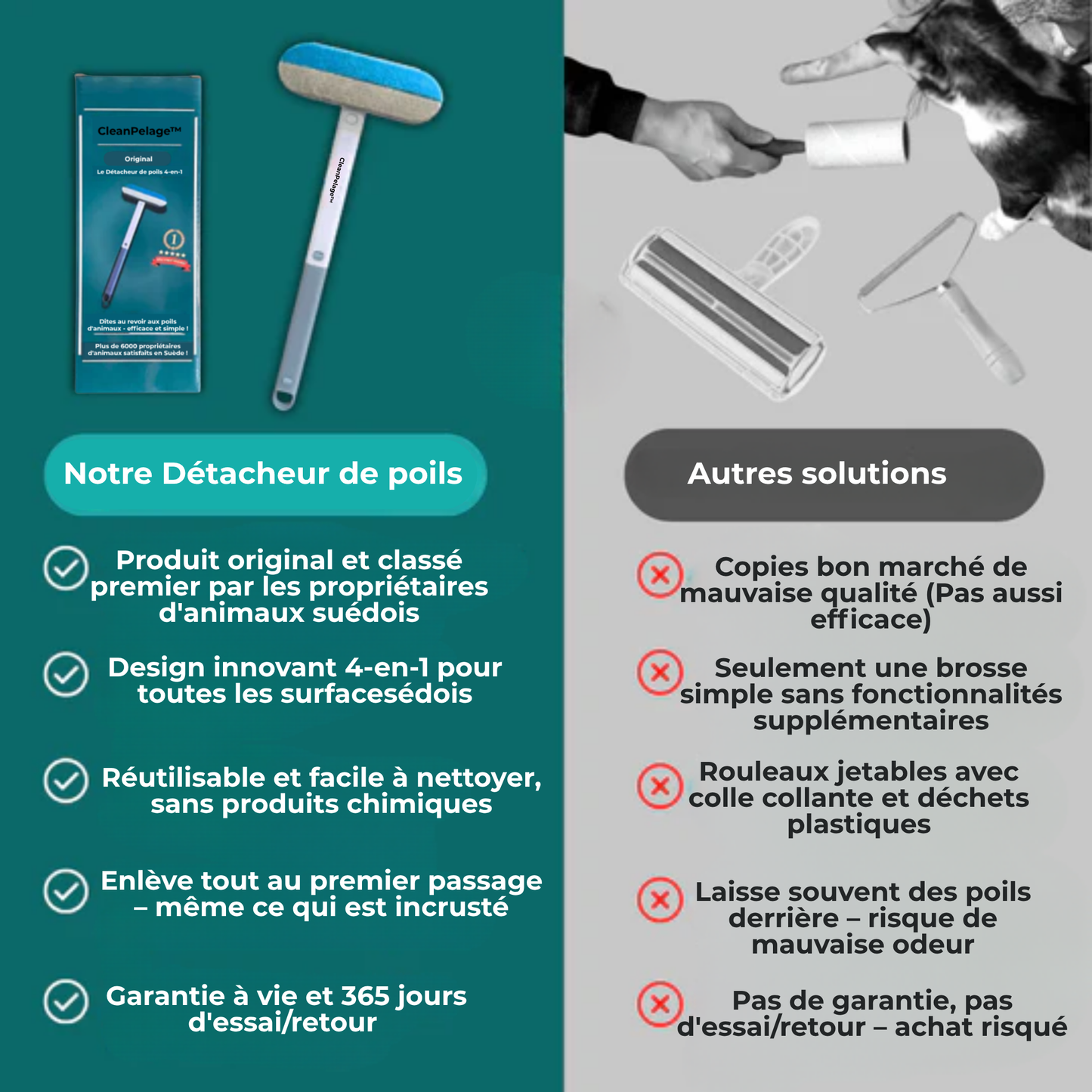 CleanPelage™ | L'arme secrète 4-en-1 contre les poils d'animaux et le désordre